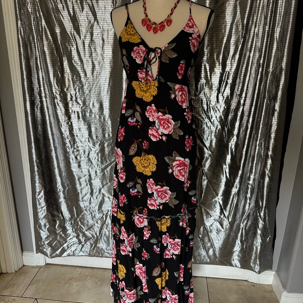 Floral Maxi Dress with Pink and Yellow Accents
